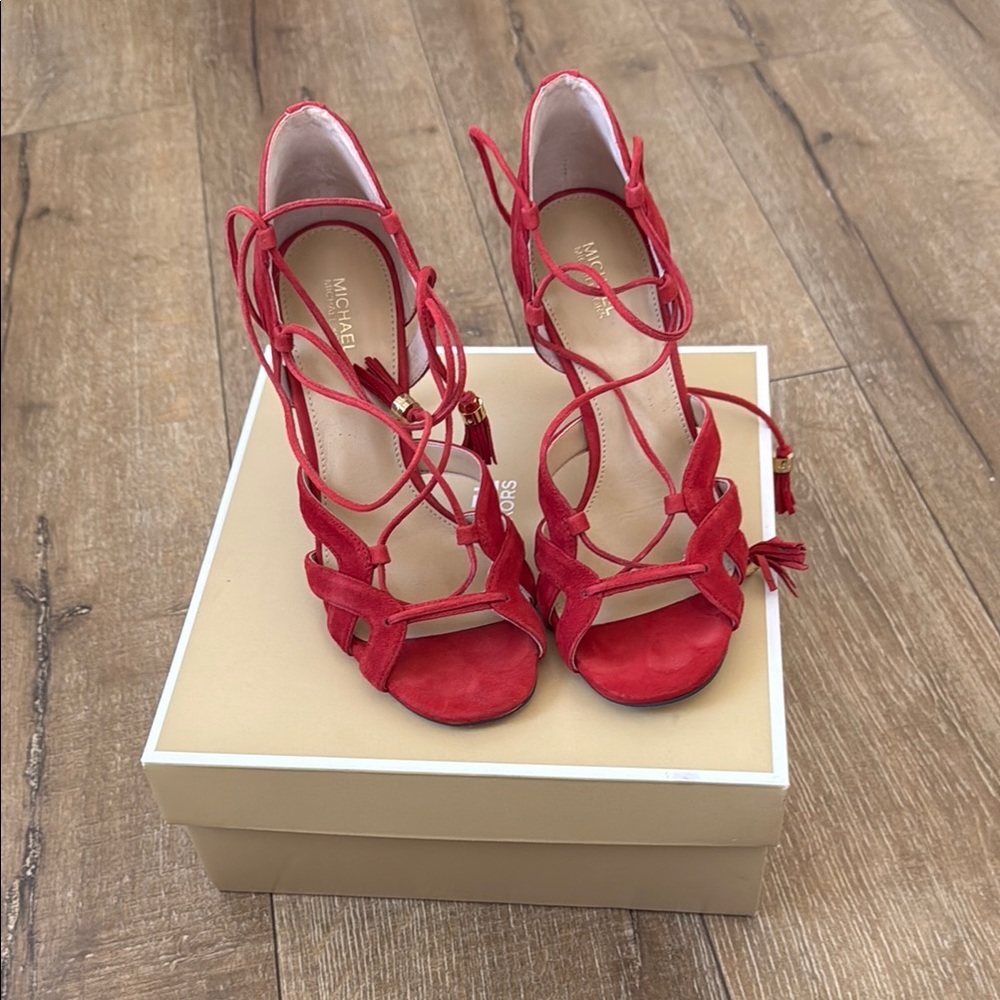 Michael Kors Red Heels with Strappy Design and High Stiletto